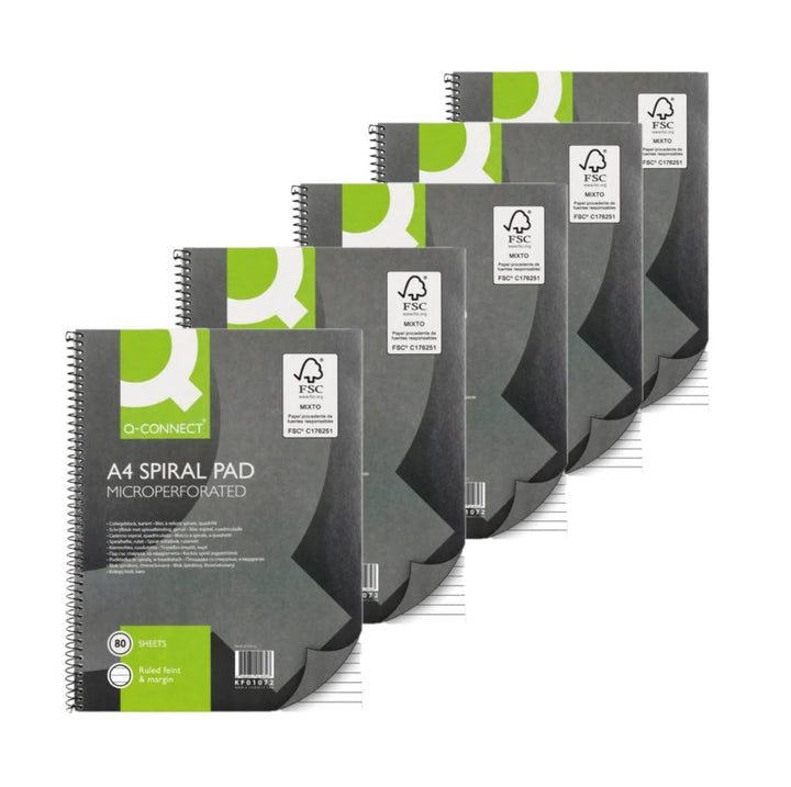 Q-Connect Ruled Margin Spiral Soft Cover Notebook 160 Pages A4 (5 Pack) KF01072
