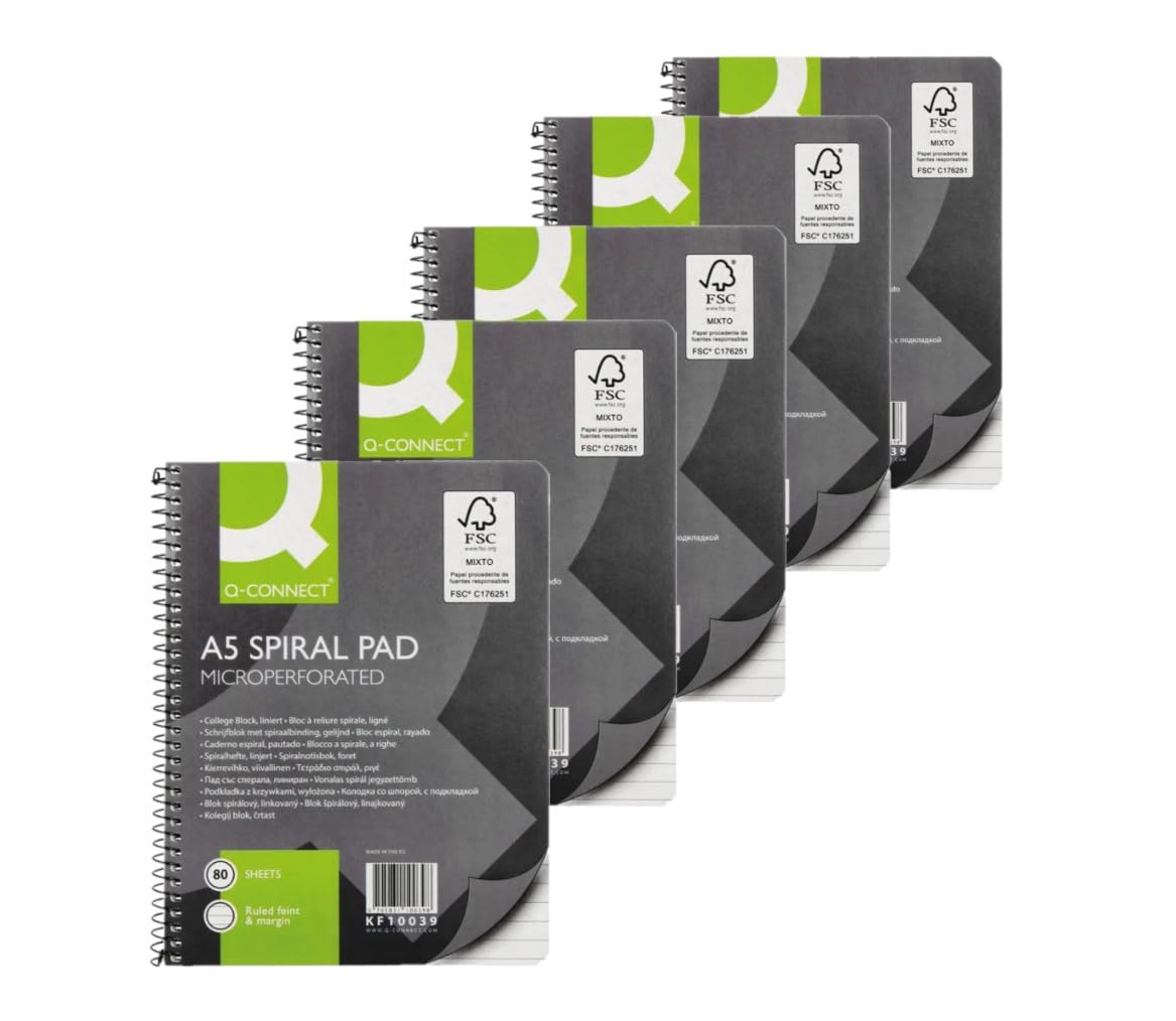 Q-Connect Ruled Margin Spiral Soft Cover Notebook 160 Pages A4 (5 Pack) KF01072