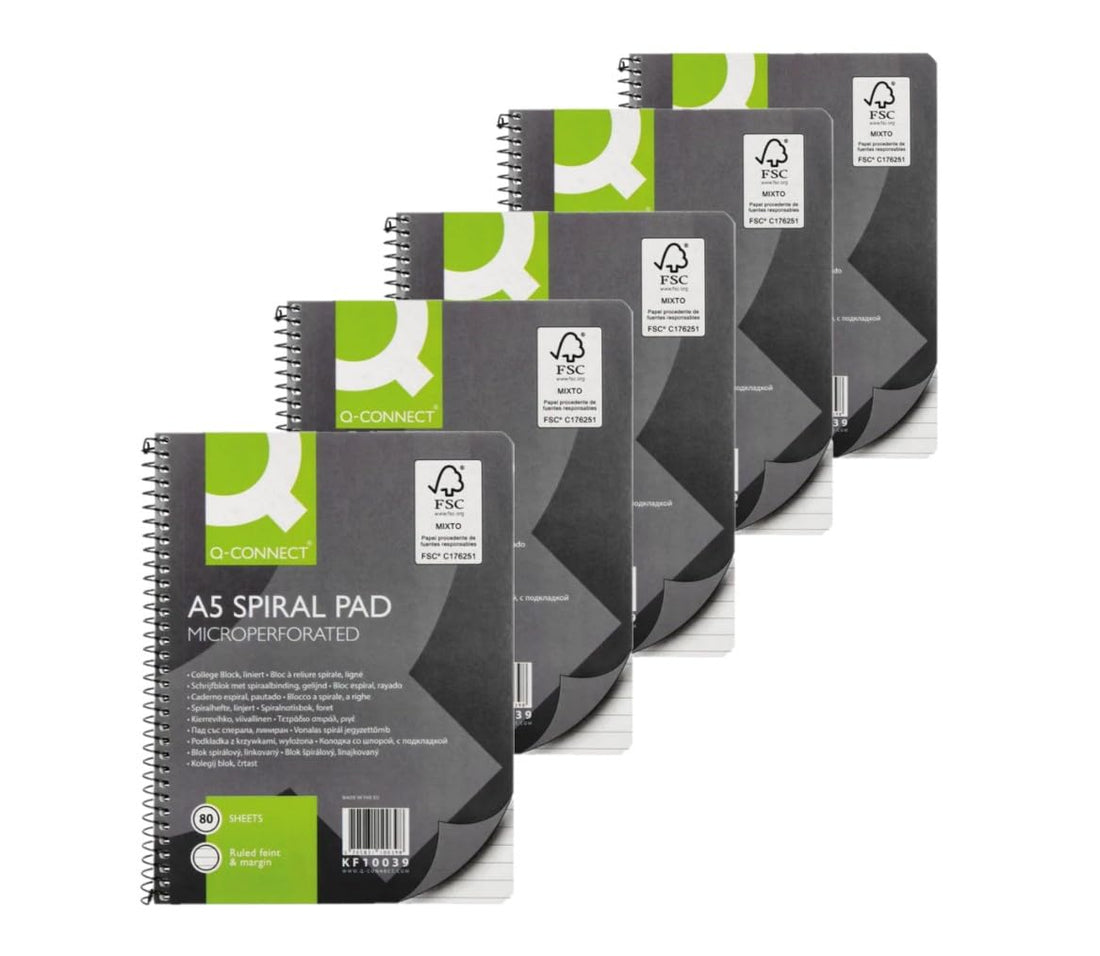 Q-Connect Ruled Margin Spiral Soft Cover Notebook 160 Pages A4 (5 Pack) KF01072