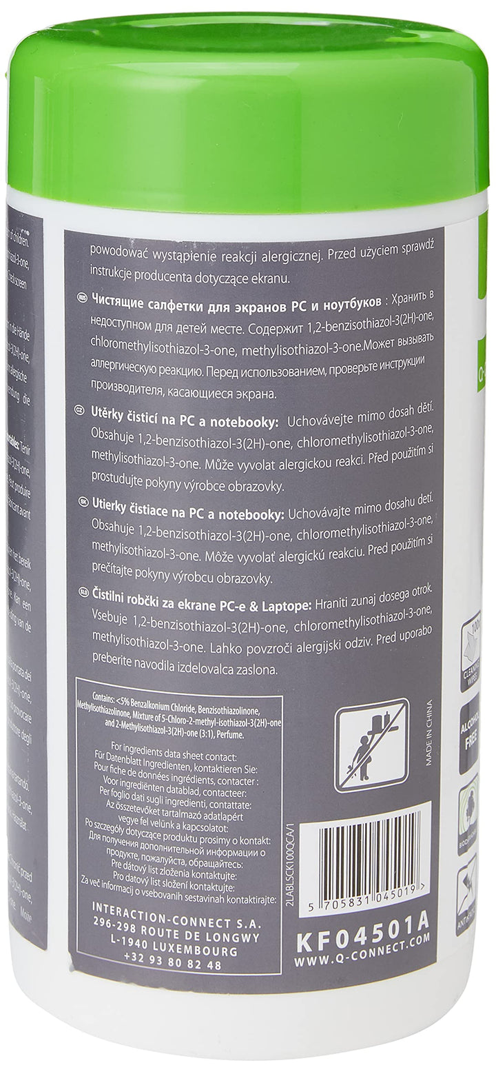 Screen Cleaning Wet Wipes Q-CONNECT Dispenser Tub 100pcs / Computer Accessories/Type-for TFT/LCD Screens/Kind-Antistatic/Colour-White/Capacity (ml)-N.a.