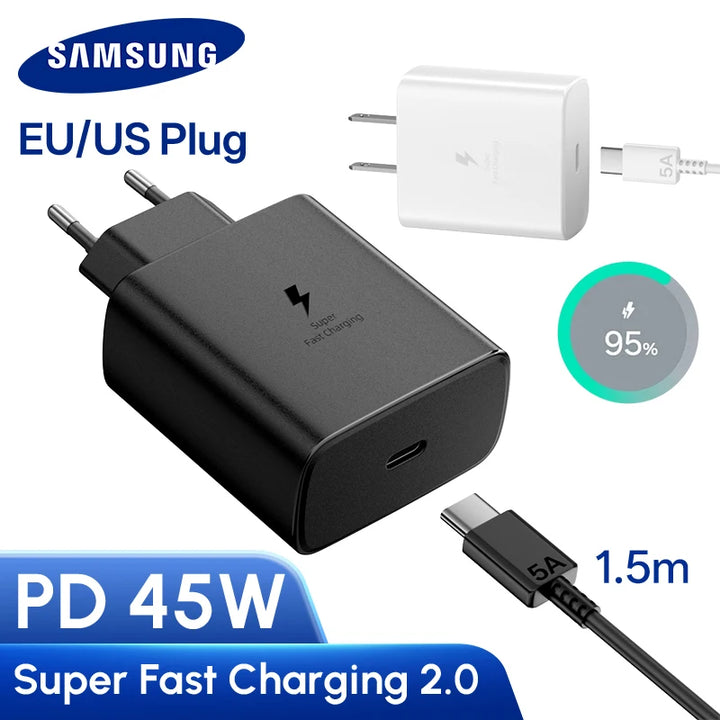 Original Samsung Charger 45w Super Fast Charge EU US Adapter USB C Samsung Galaxy S26 S25 Ultra S24 S22 S23 S21 A56 A57 A55 A54