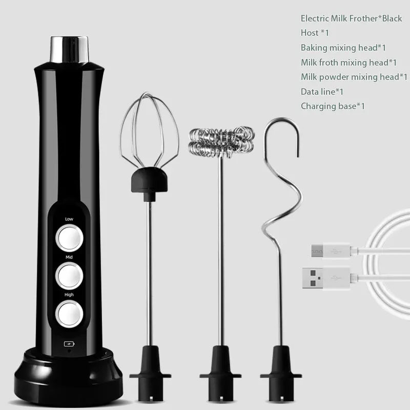 Electric Milk Frother Foam Maker Handheld Foamer High Speeds Drink Mixer Coffee Frothing Wand 3 In 1 Portable Rechargeable