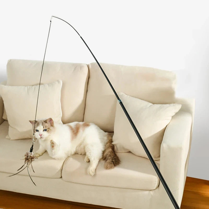 Extendable Long Pole Cat Toy Artificial Feather Interactive Teaser Wand Pet Cat Supplies