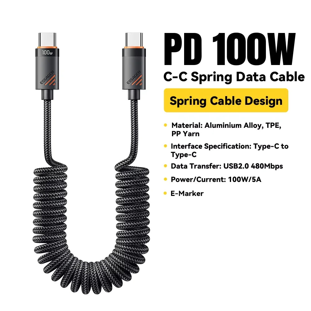 Essager Car Spring Type C Cable  For iPhone 16 15 Xiaomi Samsung 100W PD Fast Charging For Macbook iPad Type C to Type C Cable