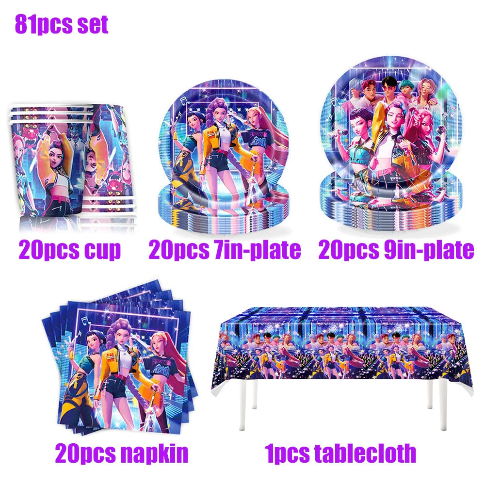 K Pop Birthday Party Decoration Tableware Set - Napkin Tablecloth Banner Paper Plates Slap Bracelets Stamps Baby Shower Supplies