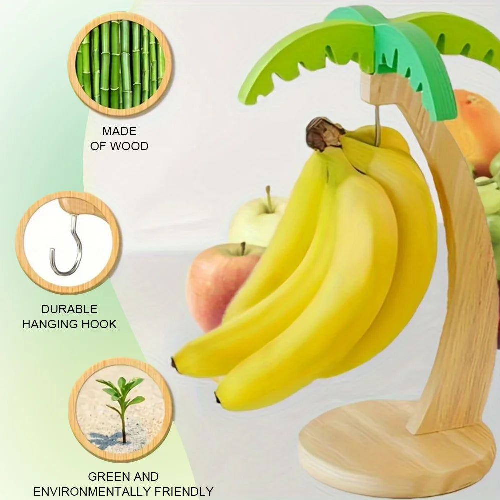 Palm Tree Design Banana Hanger Stand with Stainless Steel Hook Banana Tree Hanger Wooden Banana Holder for Kitchen Counter Decor