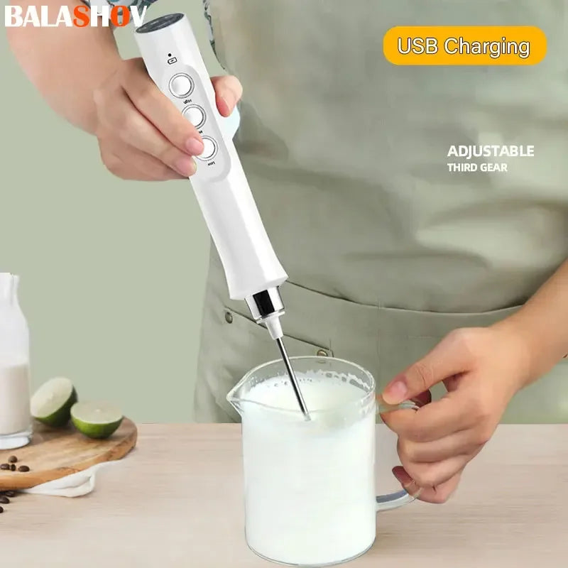 Electric Milk Frother Foam Maker Handheld Foamer High Speeds Drink Mixer Coffee Frothing Wand 3 In 1 Portable Rechargeable