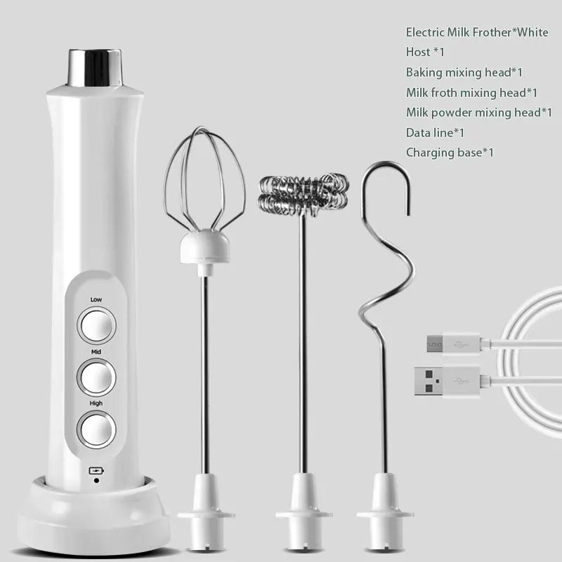 Electric Milk Frother Foam Maker Handheld Foamer High Speeds Drink Mixer Coffee Frothing Wand 3 In 1 Portable Rechargeable