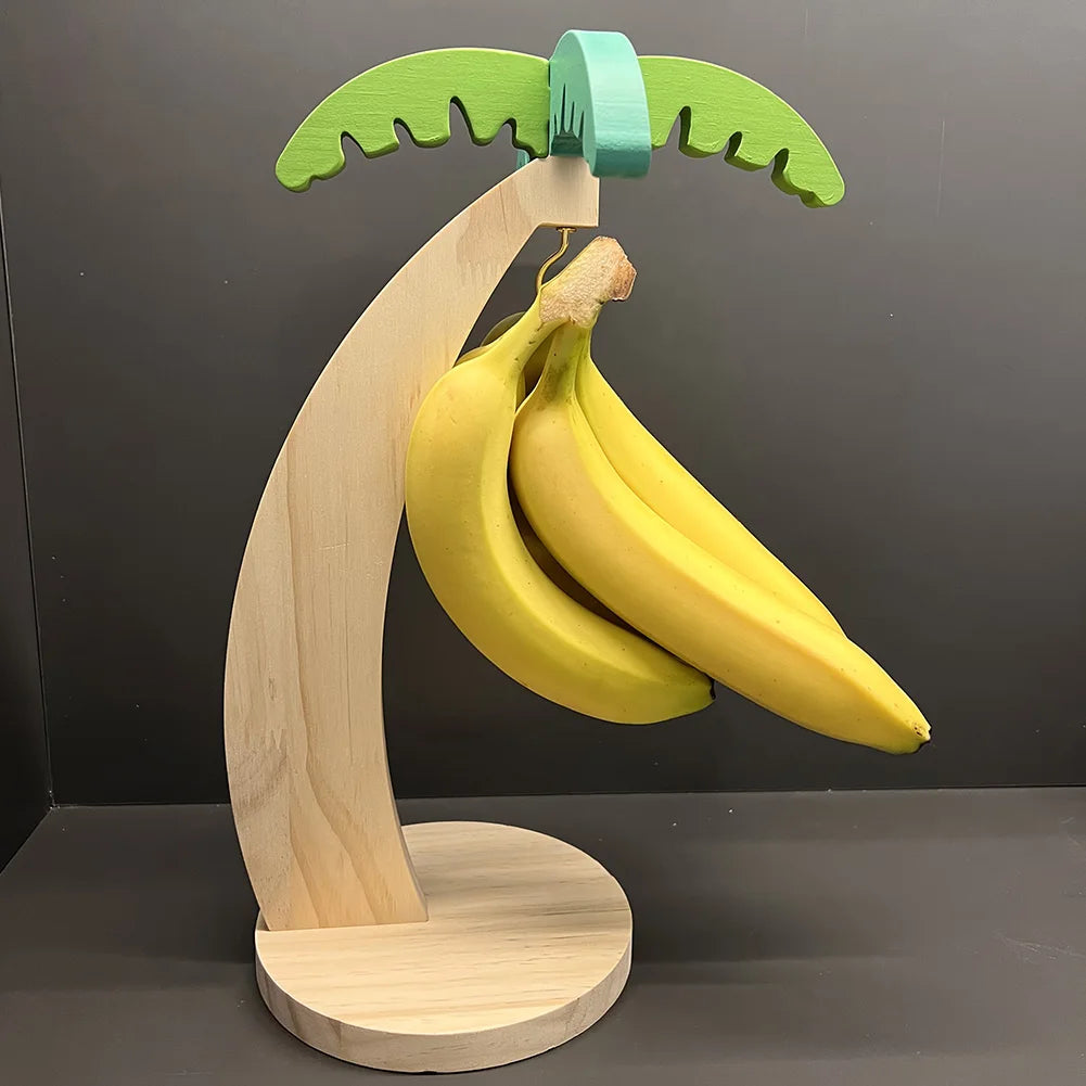Palm Tree Design Banana Hanger Stand with Stainless Steel Hook Banana Tree Hanger Wooden Banana Holder for Kitchen Counter Decor