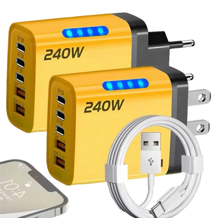 5 in 1 GaN Desktop Charger 240W Fast Charging Adapter 10A USB To TypeC Cable 3PD 2 USB Charger For IPhone 16 15pro Laptop
