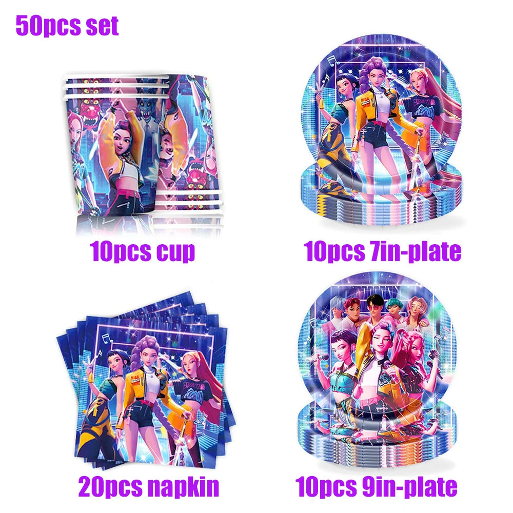 K Pop Birthday Party Decoration Tableware Set - Napkin Tablecloth Banner Paper Plates Slap Bracelets Stamps Baby Shower Supplies