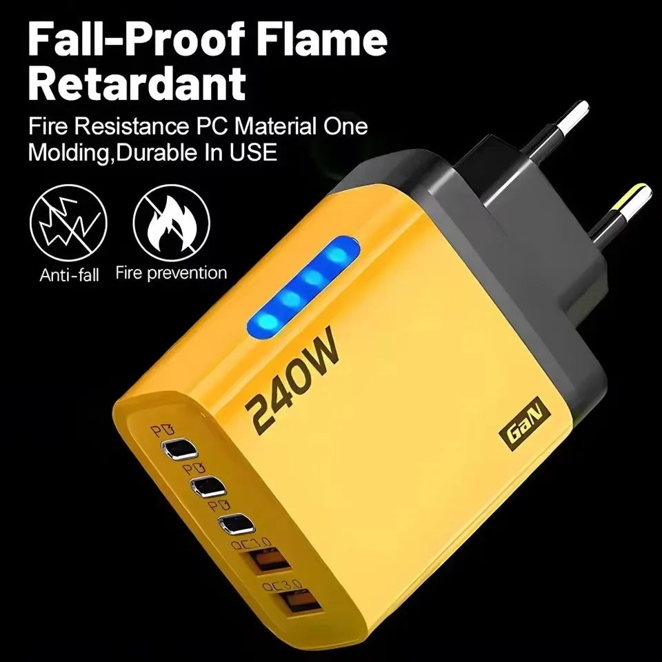 5 IN 1 GaN Desktop Charger For IPhone17 16Pro Laptop Samsung 240W Fast Charging Adapter 10A USB To Type-C Cable 3PD 2USB Charger