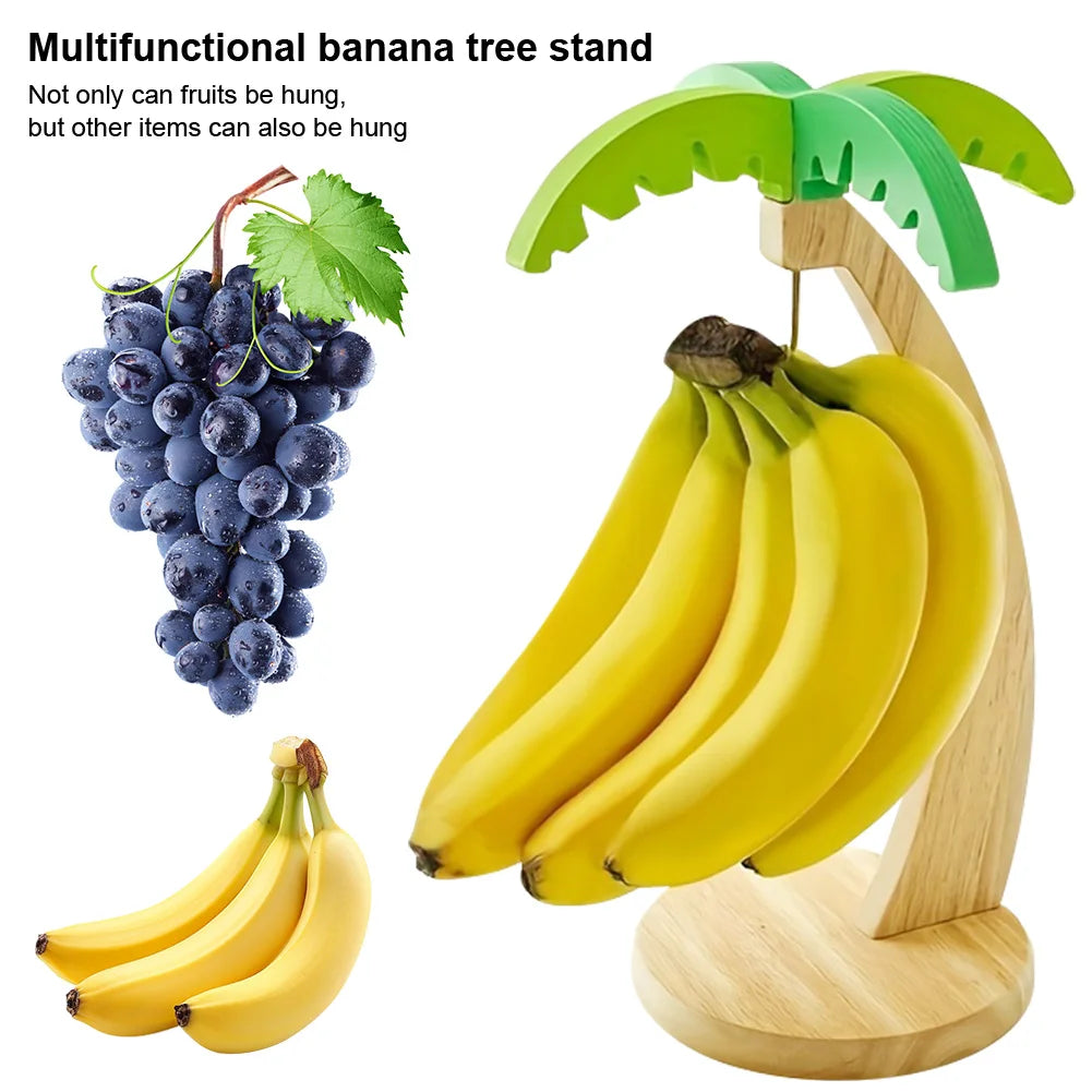 Palm Tree Design Banana Hanger Stand with Stainless Steel Hook Banana Tree Hanger Wooden Banana Holder for Kitchen Counter Decor