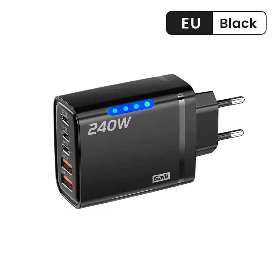 5 IN 1 GaN Desktop Charger For IPhone17 16Pro Laptop Samsung 240W Fast Charging Adapter 10A USB To Type-C Cable 3PD 2USB Charger