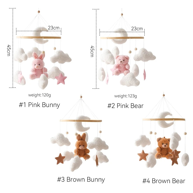 Wooden Crib Mobile Baby Bed Bell Rattle Toy Soft Felt Cartoon Bear Mobile bracket Newborn Music Box Bed Bell Hanging Bracket Toy