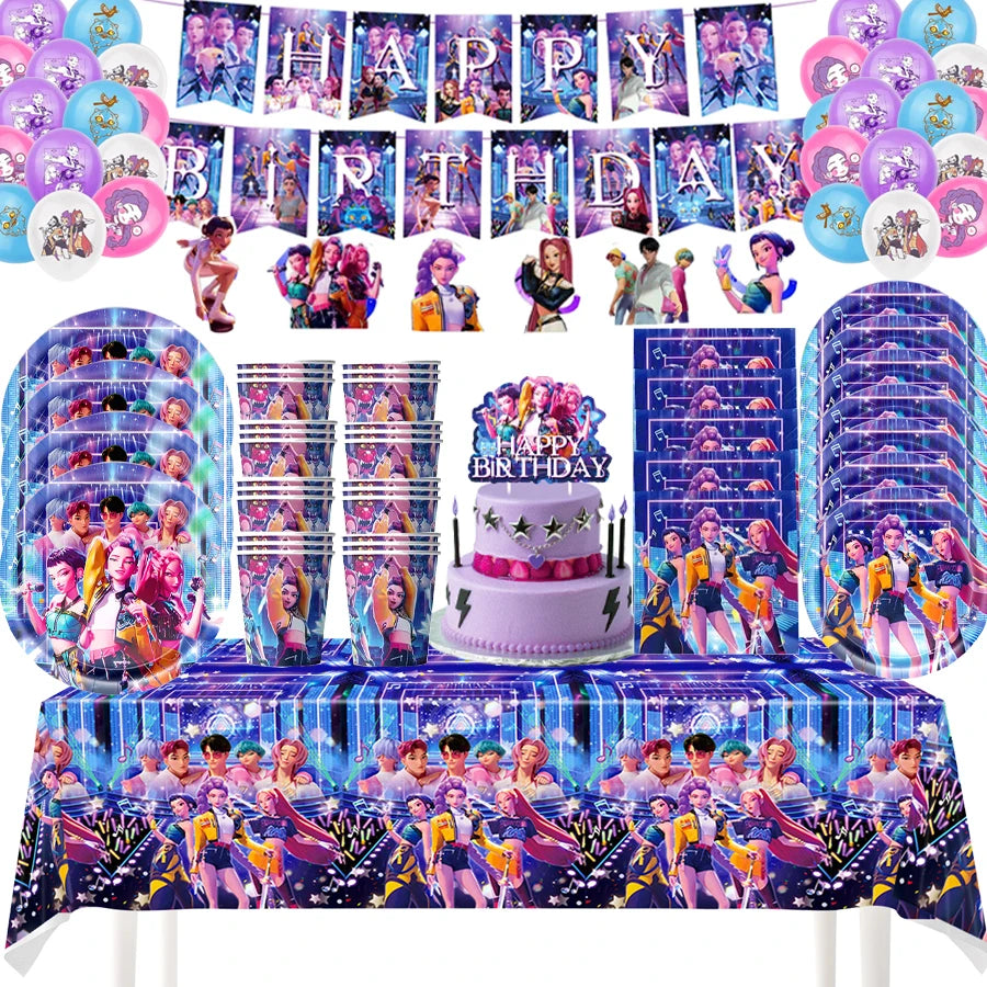 K Pop Birthday Party Decoration Tableware Set - Napkin Tablecloth Banner Paper Plates Slap Bracelets Stamps Baby Shower Supplies