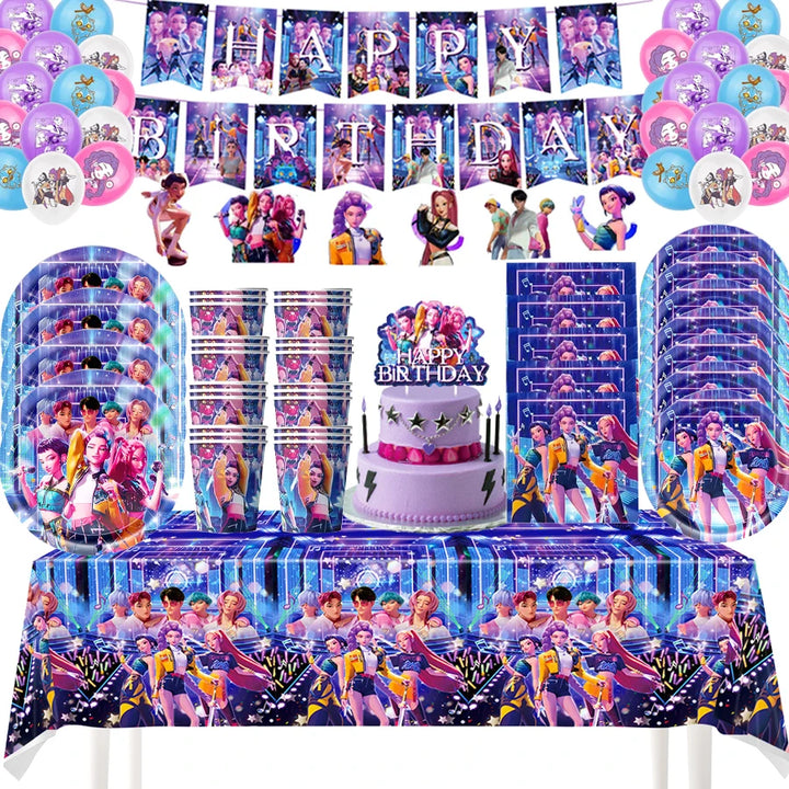 K Pop Birthday Party Decoration Tableware Set - Napkin Tablecloth Banner Paper Plates Slap Bracelets Stamps Baby Shower Supplies