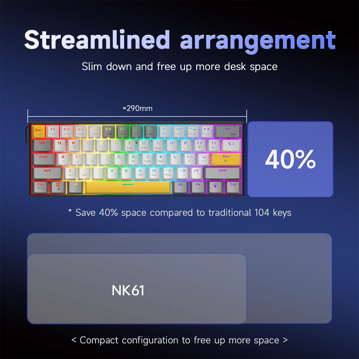 AJAZZ NK61 60% Layout Wired Mechanical Gaming Keyboard (Red Switches / 61 Keys) – Supports Plug-and-Play and DIY suitable for both gaming and office use