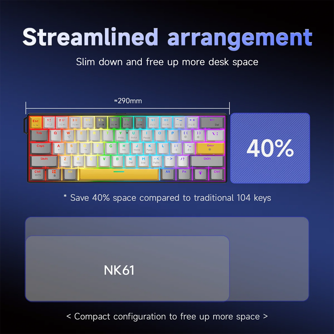 AJAZZ NK61 60% Layout Wired Mechanical Gaming Keyboard (Red Switches / 61 Keys) – Supports Plug-and-Play and DIY suitable for both gaming and office use