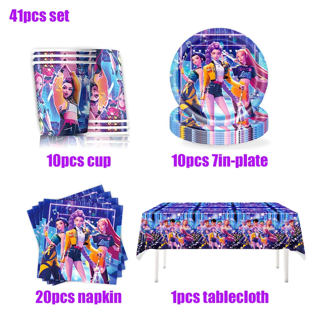 K Pop Birthday Party Decoration Tableware Set - Napkin Tablecloth Banner Paper Plates Slap Bracelets Stamps Baby Shower Supplies