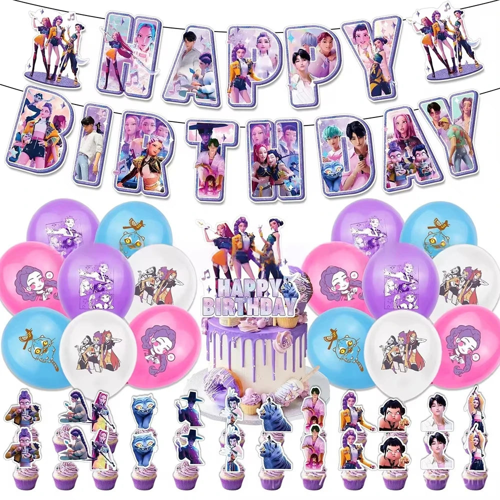 K Pop Birthday Party Decoration Tableware Set - Napkin Tablecloth Banner Paper Plates Slap Bracelets Stamps Baby Shower Supplies