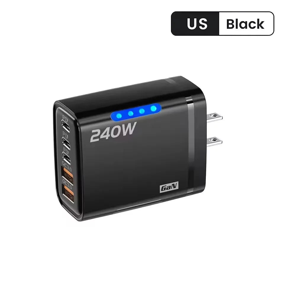 5 IN 1 GaN Desktop Charger For IPhone17 16Pro Laptop Samsung 240W Fast Charging Adapter 10A USB To Type-C Cable 3PD 2USB Charger
