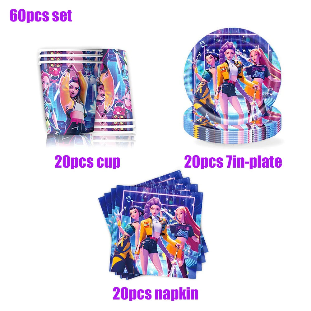 K Pop Birthday Party Decoration Tableware Set - Napkin Tablecloth Banner Paper Plates Slap Bracelets Stamps Baby Shower Supplies