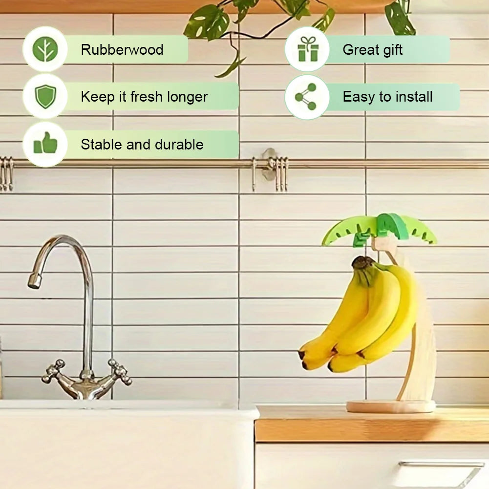 Palm Tree Design Banana Hanger Stand with Stainless Steel Hook Banana Tree Hanger Wooden Banana Holder for Kitchen Counter Decor