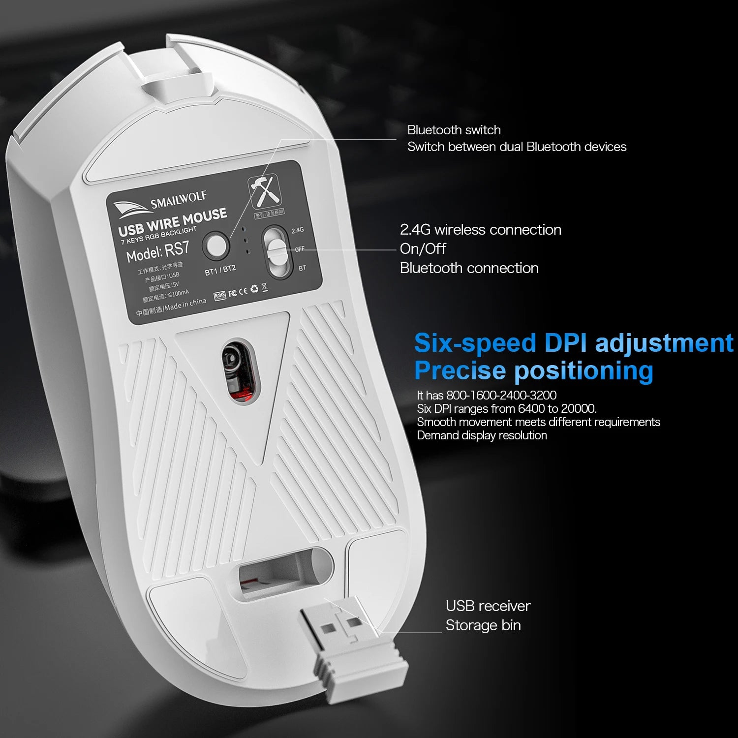 SMAILWOLF RS7 Bluetooth wireless gaming mouse PAW3311 macro driver laptop desktop computer office game 20000dpi