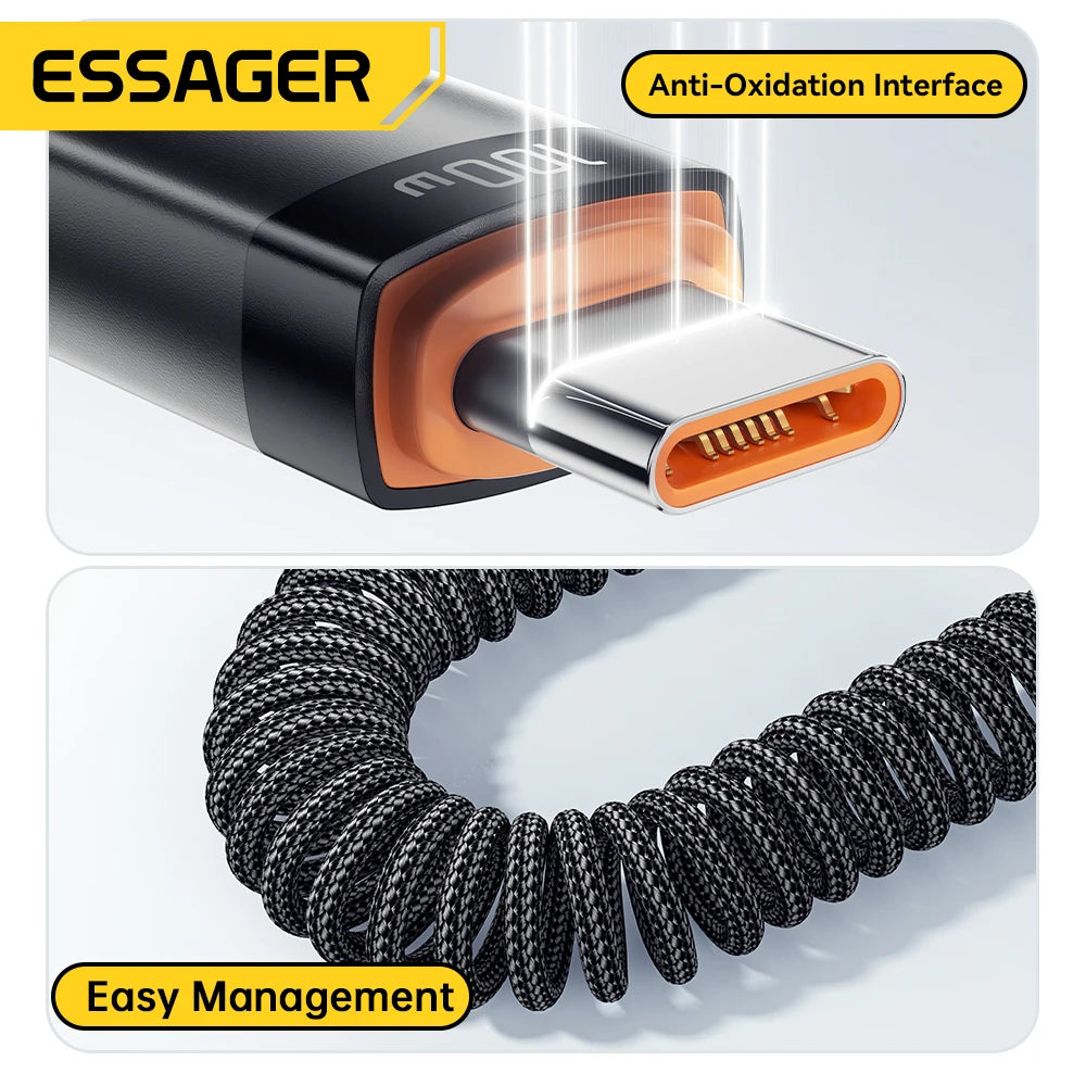 Essager Car Spring Type C Cable  For iPhone 16 15 Xiaomi Samsung 100W PD Fast Charging For Macbook iPad Type C to Type C Cable
