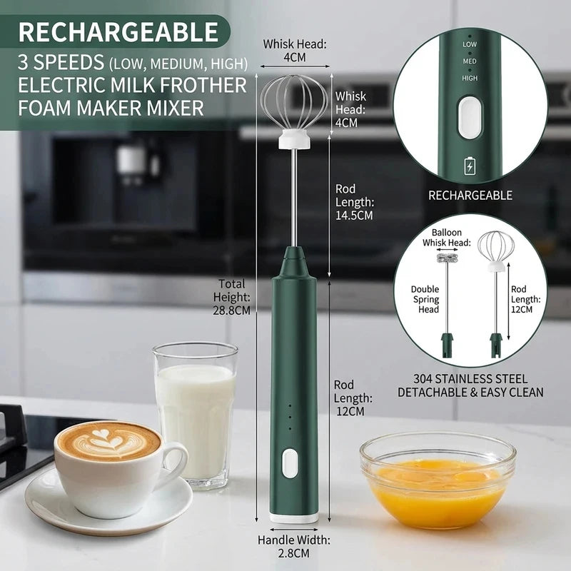 3 Speeds USB Rechargeable Handheld Milk Frother Electric Coffee Foam Maker Egg Beater Drink Mixer Frothing Wand