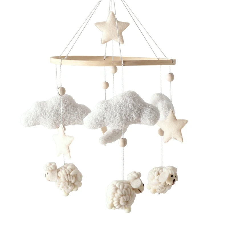 Wooden Crib Mobile Baby Bed Bell Rattle Toy Soft Felt Cartoon Bear Mobile bracket Newborn Music Box Bed Bell Hanging Bracket Toy